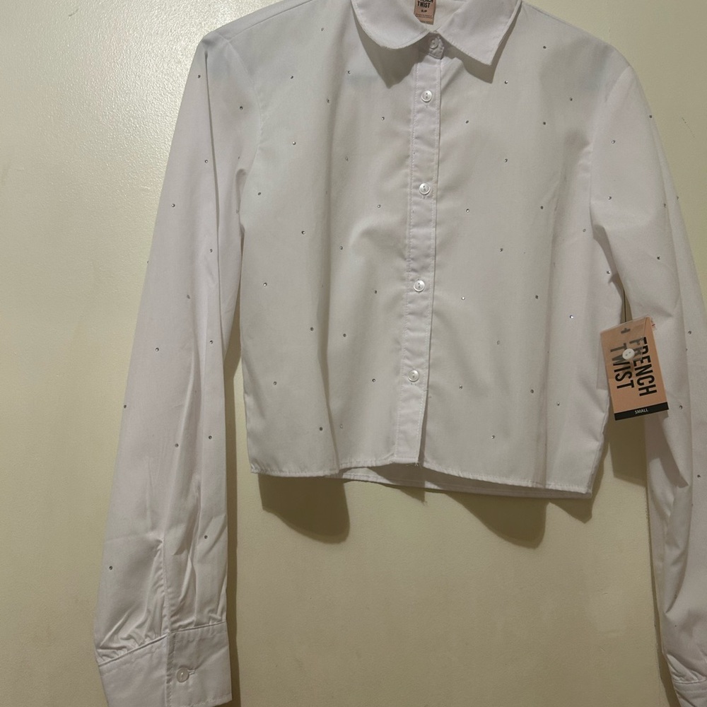 French Twist White Crisp Crop Shirt  Sz S with Rhinestone Cotton Long Sleeve